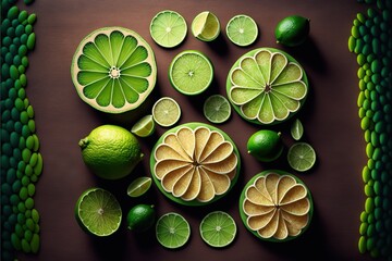 Wall Mural - a group of limes and lime slices on a table with a green background and a brown surface with a green leaf.