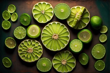 Wall Mural - a group of limes cut in half and arranged on a table top with leaves and petals on it.