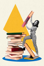 Creative Photo 3d Collage Artwork Poster Postcard Of Positive Lady Hold Big Book Preparing Exam Isolated On Painting Background