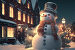 Snowman on the background of a house with Christmas decor. A winter's tale. Generative AI