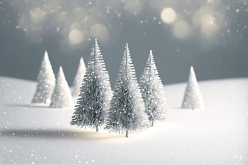Wall Mural - abstract winter forest with blurred lights in snow, beautiful white christmas tree decoration on greeting card with copy space for holiday season in december.