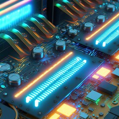 Poster - Glowing details and small chips installed on motherboard AI