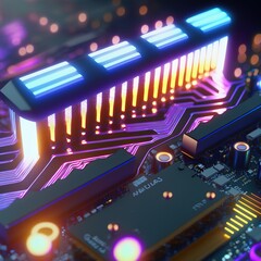Poster - Microchips with neon lights installed on motherboard AI