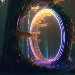 Wall Mural - glowing portal arch in deep forest ai generated image