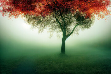 Wall Mural - Strong mystical tree with fog Generative AI