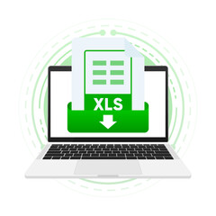 Poster - Download XLS file with label on laptop screen. Downloading document concept. View, read, download XLS file on laptops and mobile devices. Vector illustration.