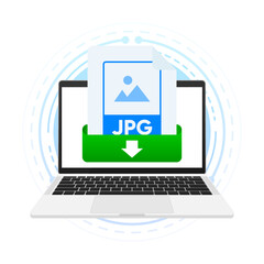 Poster - Download JPG file with label on laptop screen. Downloading document concept. View, read, download JPG file on laptops and mobile devices. Vector illustration.