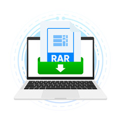 Poster - Download RAR file with label on laptop screen. Downloading document concept. View, read, download RAR file on laptops and mobile devices. Vector illustration.
