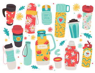 Sticker - Thermoses flat icons set. Stainless steel vacuum insulated coffee and tea travel mug