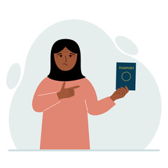 A woman holds a passport in his hand for verification. The concept of user control.