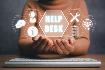 Communication Service Help Desk Concept, Person hand holding Help desk icon on virtual screen.