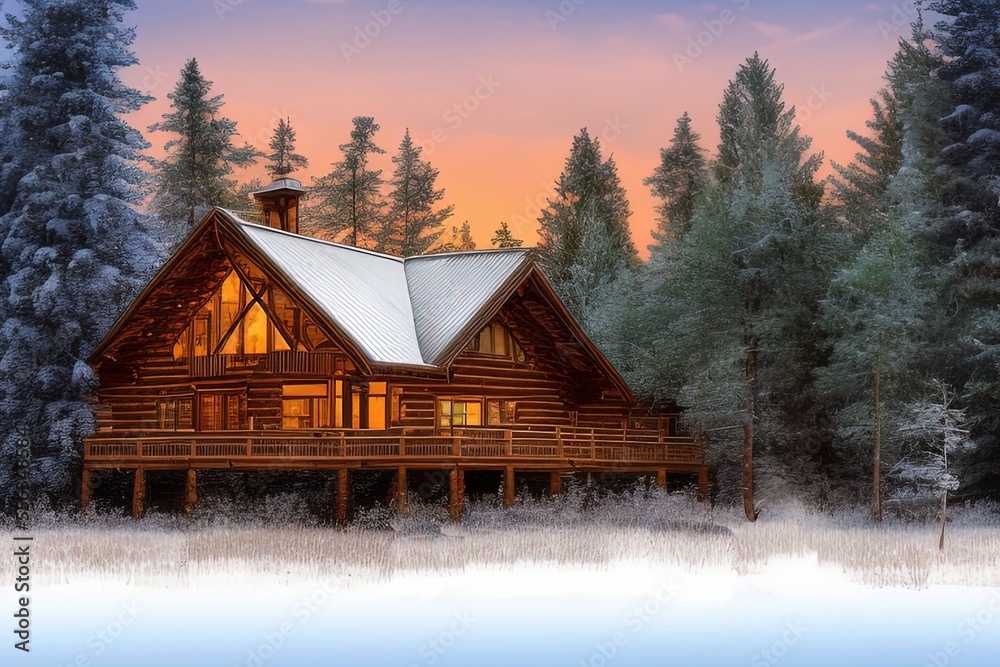 AI-generated digital illustration of a cozy cabin in the snowy, pine ...