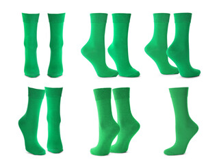 Sticker - Pairs of bright green socks on white background, collage