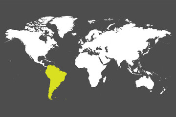 Poster - South America continent green marked in white silhouette of World map. Simple flat vector illustration.