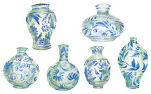 Set Of Watercolor Blue Porcelain Chinese Vase Isolated On White