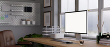 Side View, Modern Urban Office Desk With Blank Screen Of Computer Mockup, Office Supplies And Decor