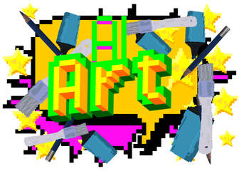 Poster - Ai Art. Pixelated word with geometric graphic background. Vector cartoon illustration.
