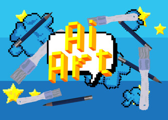 Poster - Ai Art. Pixelated word with geometric graphic background. Vector cartoon illustration.