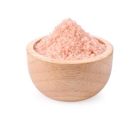 Fine pink Himalayan salt in wooden bowl on white background