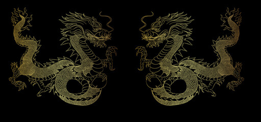 Japanese red dragon tattoo.Dragon on red background for Chinese New Year.Gold Chinese Dragon vector.Gold line art King Dragon tattoo.cartoon vector for t-shirt.