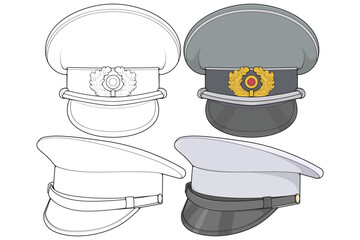 Set of military cap vector illustration isolated on white background. Military cap vector for coloring book.