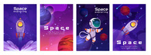 Space Posters With Astronaut, Rocket And Planets On Background Of Universe With Stars. Concept Of Cosmos Exploring And Travel With Cosmonaut And Spaceship Launch, Vector Cartoon Illustration