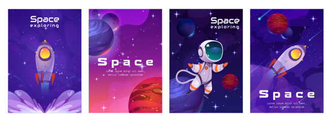 Poster - space posters with astronaut, rocket and planets on background of universe with stars. concept of co