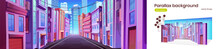 Big City Street In Daytime, Urban Architecture Parallax Background. Cartoon Vector Illustration Of High-rise Apartment Buildings With Windows And Balconies, Motel And Shop Signs. Modern Cityscape