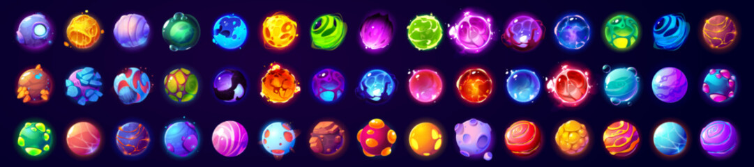 Huge set of fantasy planets isolated on dark background. Colorful alien space globes with cold ice, hot lava, toxic bubbles, mysterious neon textures. Gui design elements. Cartoon vector illustration