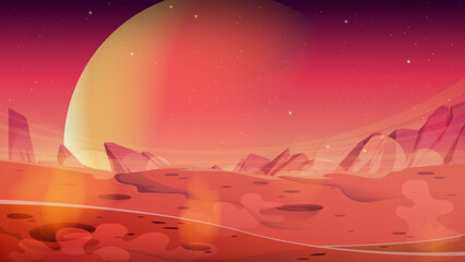 Poster - mars landscape with craters and red rocky surface. cartoon vector illustration of red alien planet, 