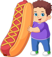 Sticker - A cute boy holding a big hotdog