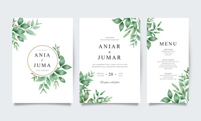 Wall Mural - Beautiful wedding invitation template with watercolor green leaves
