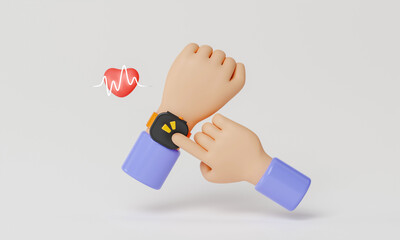 Poster - Cartoon man hand with smart watch on white background. Cartoon device Mockup. 3D Render illustration