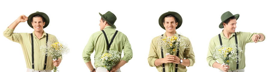 Poster - Set of handsome young man with bouquet of flowers on white background