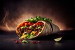 meat taco con carne or donair durum with veggies, salad and sauces on a dark background, generative ai