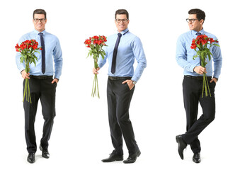 Sticker - Set of handsome young man with bouquet of flowers isolated on white