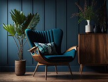 Modern Wooden Living Room Armchair On Empty Dark Blue Wall Background. AI Assisted Finalized In Photoshop By Me 