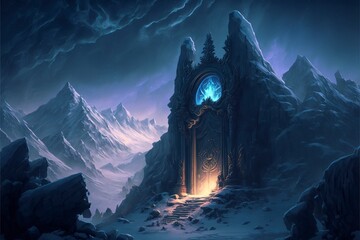 Fototapete - A giant black stone magic gate high on a snowy mountain top