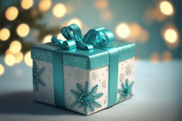 Wall Mural - birthday gift box on white wooden table against blue turquoise bokeh lights