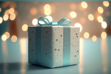 Poster - birthday gift box on white wooden table against blue turquoise bokeh lights