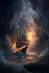 Wall Mural - Sailing on the raging waves of a raging ocean storm