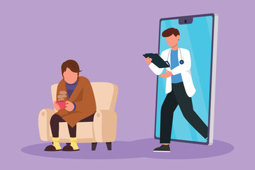 Wall Mural - Graphic flat design drawing female patient having fever sitting on sofa, using blanket, holding mug and there is male doctor walking out of smartphone with clipboard. Cartoon style vector illustration