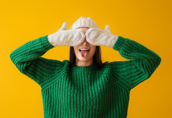 Poster - Young woman in warm mittens and green sweater closing eyes on yellow background