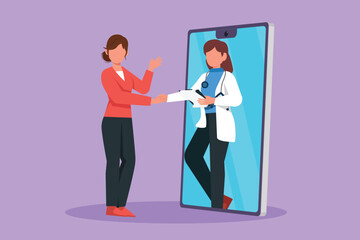 Wall Mural - Cartoon flat style drawing young woman patient shaking hands with female doctor coming out of smartphone and holding clipboard. Online medical consultation concept. Graphic design vector illustration