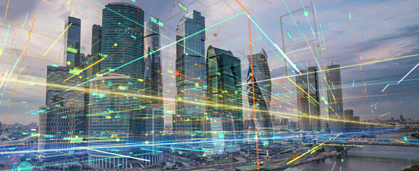Poster - Smart city and abstract polygon pattern connection with speed line light, big data connection technology concept .