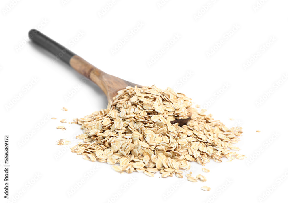 Wooden spoon with raw oatmeal on white background