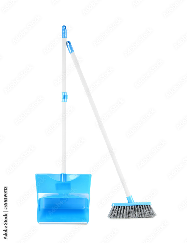 Cleaning broom and dustpan on white background