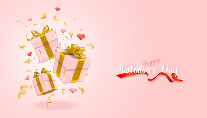 Valentine's day card with pink gift tied with gold ribbon and golden paper flowers