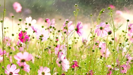 Wall Mural - Cosmos flowers with spray in the garden, outdoor Lumphun province Thailand.