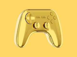 Poster - Realistic console game controller. Gold isolated icon on yellow background. 3D rendering.